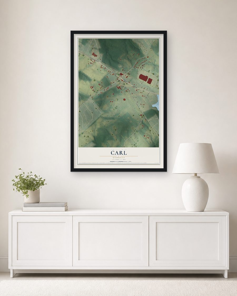 The Carl, Georgia map, 24 x 36 in, in a black wood frame on a living room wall