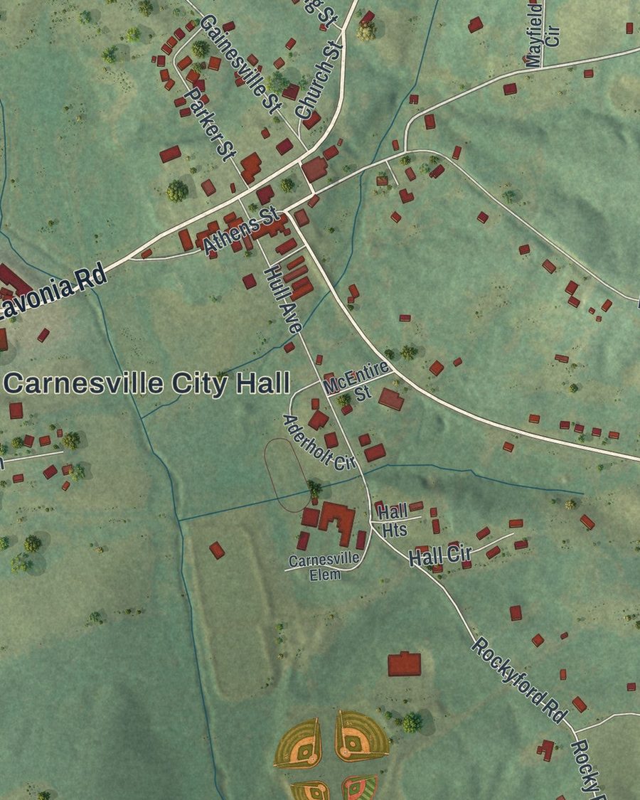 Close-up of Carnesville streets on the map