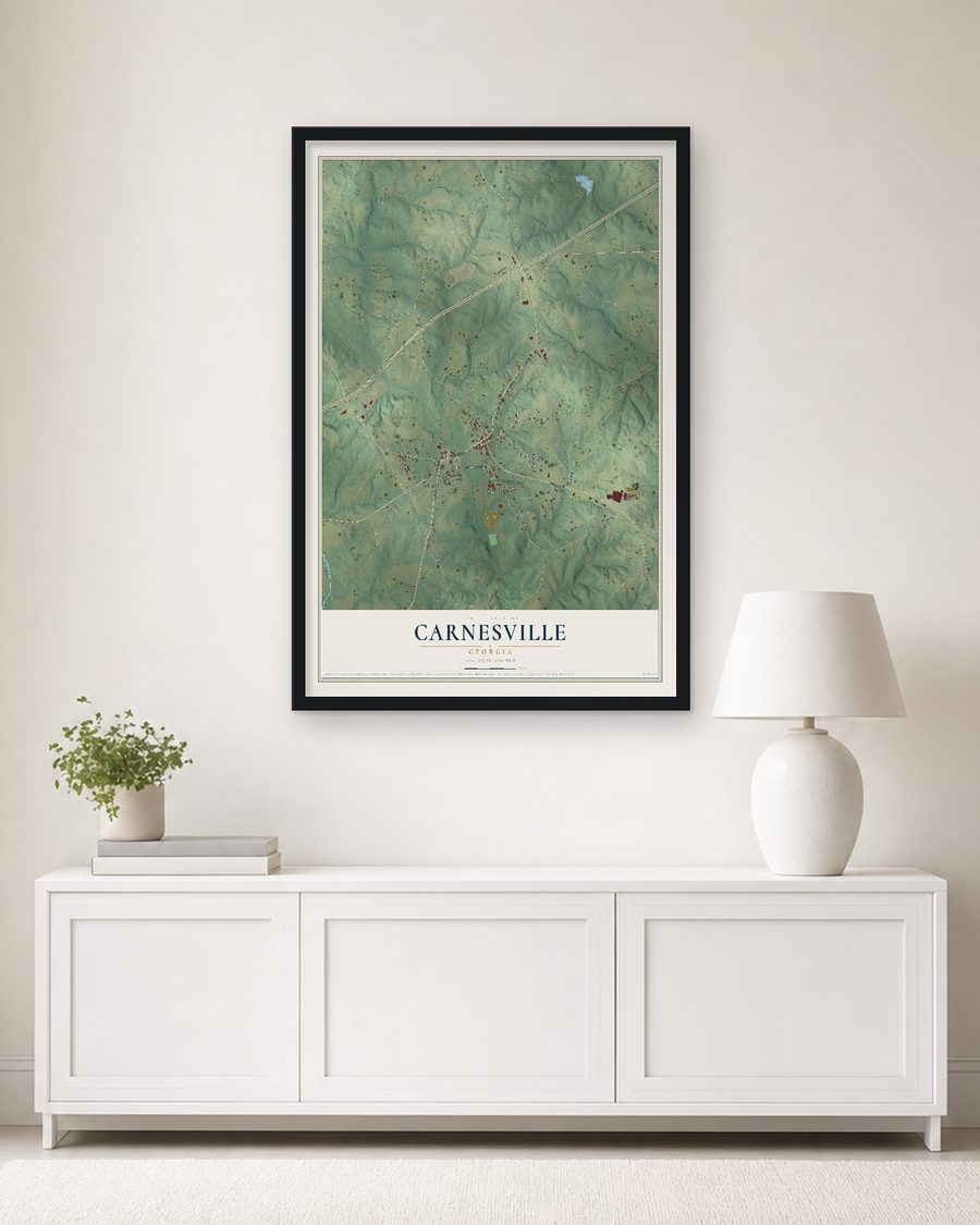 The Carnesville, Georgia map, 24 x 36 in, in a black wood frame on a living room wall