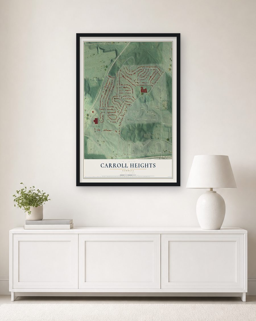 The Carroll Heights, Georgia map, 24 x 36 in, in a black wood frame on a living room wall