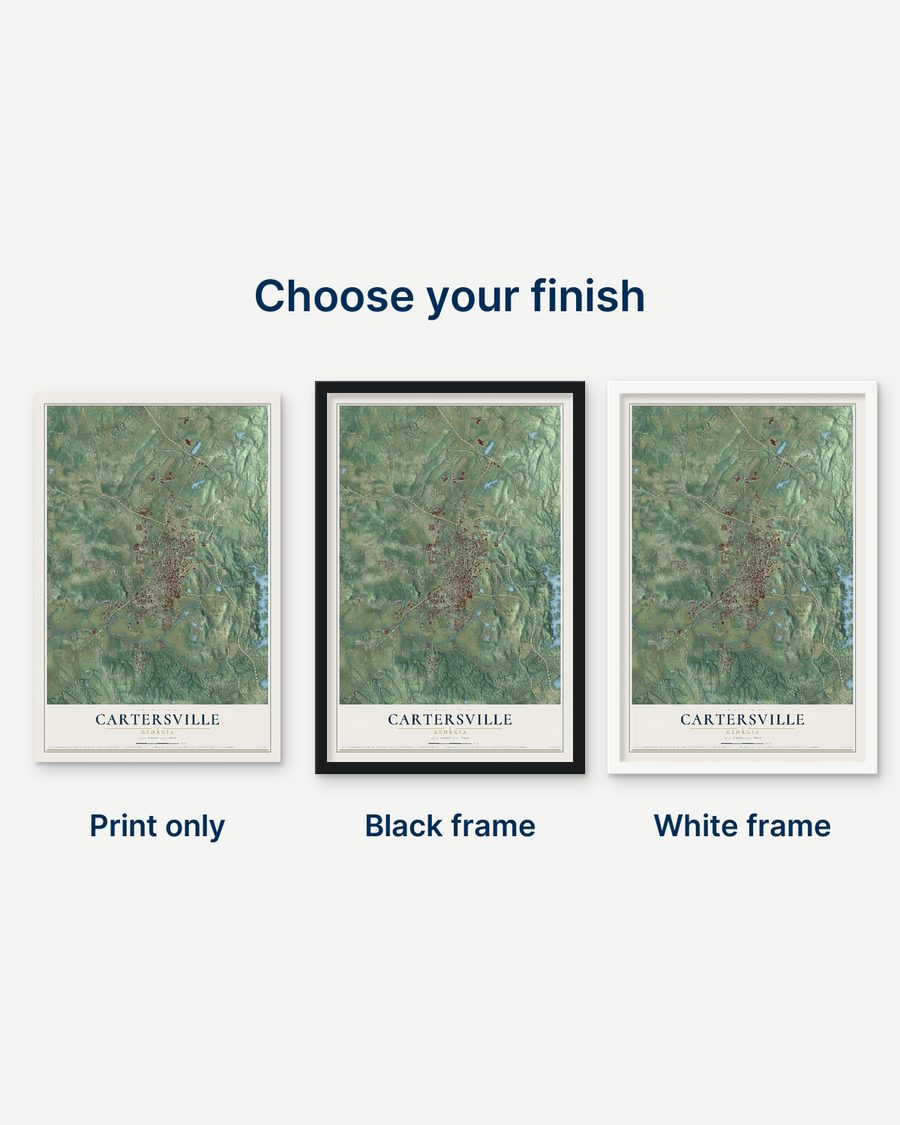 The Cartersville, Georgia map as a print only, in a black frame and in a white frame