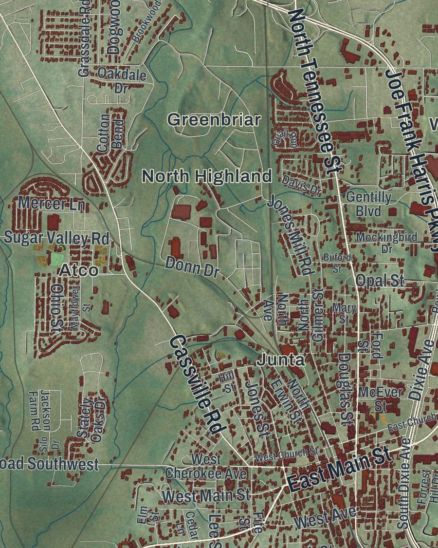 Close-up of Cartersville streets on the map