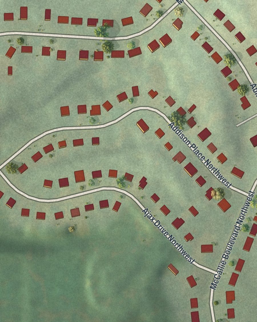Close-up of Carver Hills streets on the map