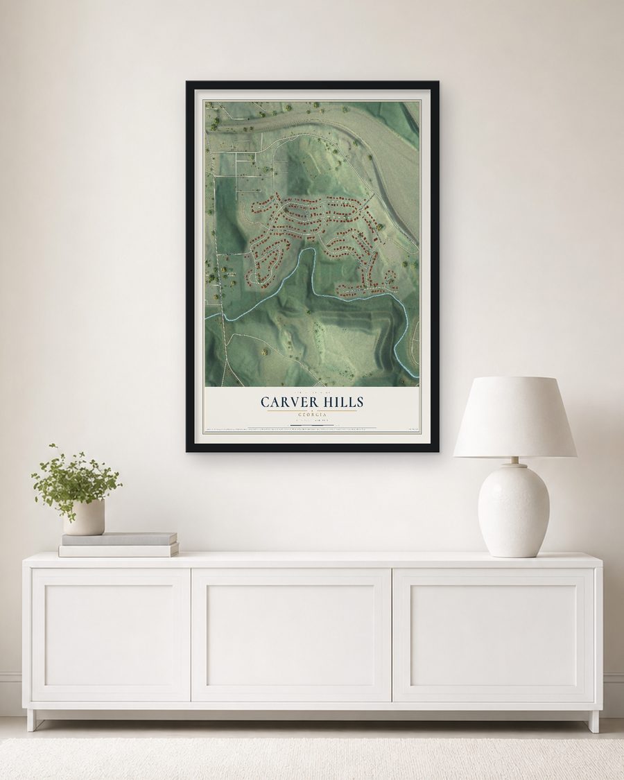 The Carver Hills, Georgia map, 24 x 36 in, in a black wood frame on a living room wall
