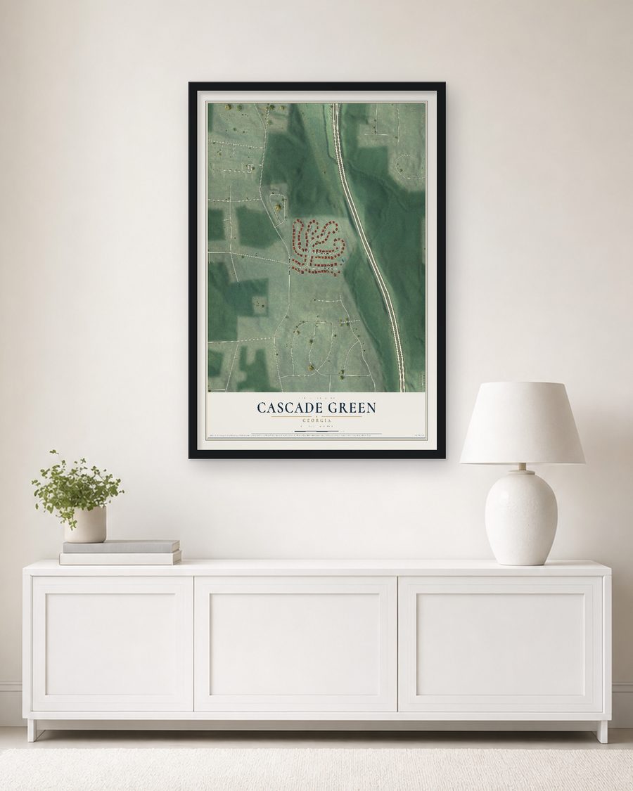 The Cascade Green, Georgia map, 24 x 36 in, in a black wood frame on a living room wall