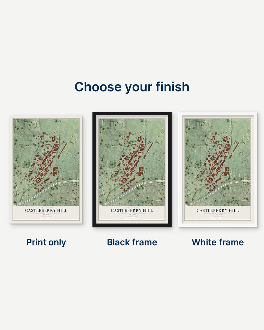 The Castleberry Hill, Georgia map as a print only, in a black frame and in a white frame
