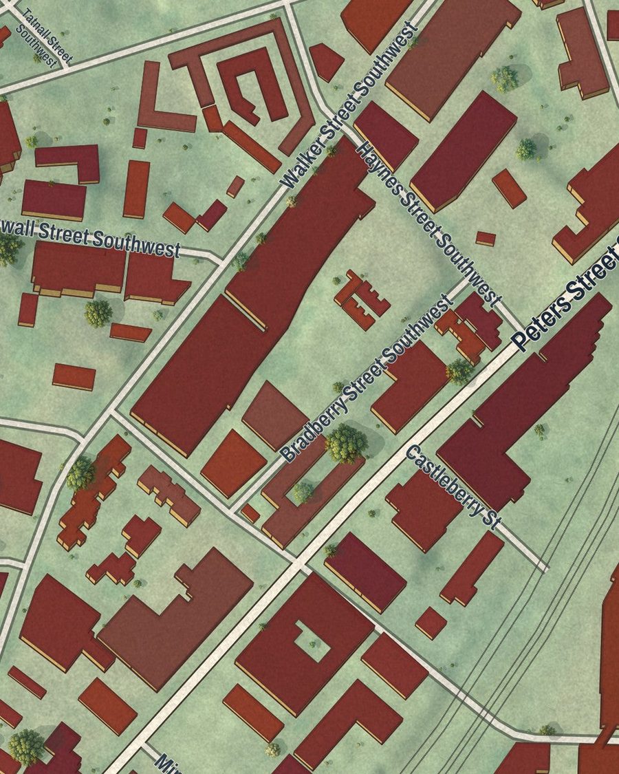 Close-up of Castleberry Hill streets on the map
