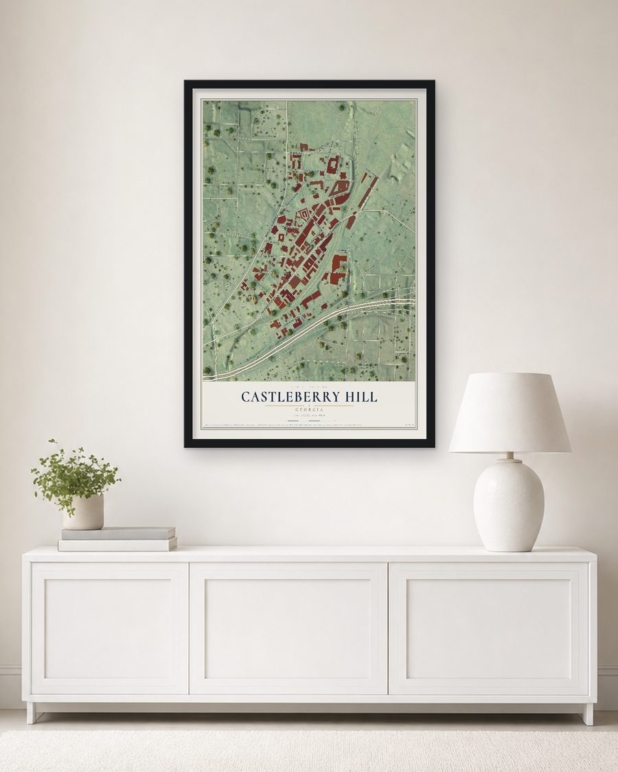The Castleberry Hill, Georgia map, 24 x 36 in, in a black wood frame on a living room wall