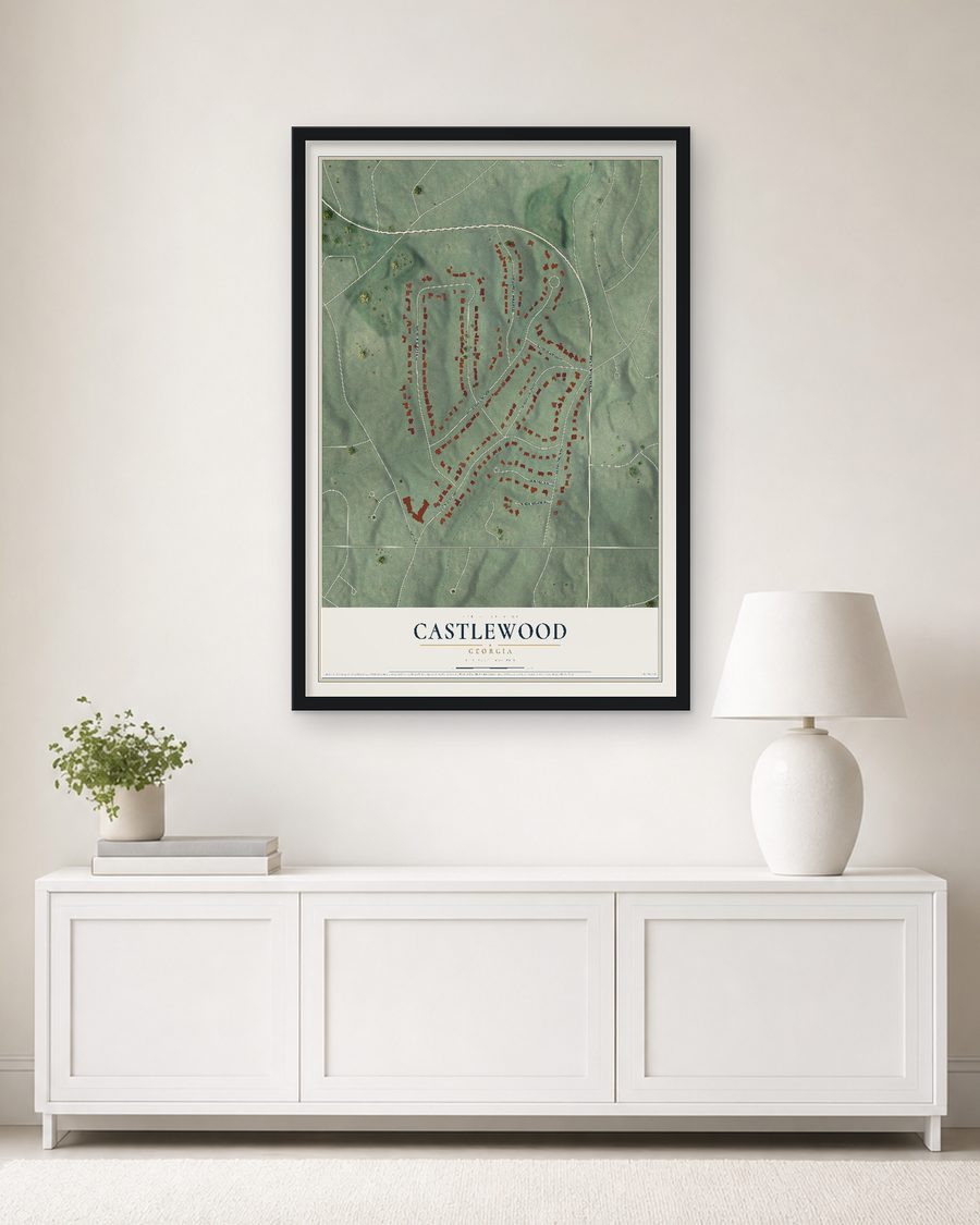 The Castlewood, Georgia map, 24 x 36 in, in a black wood frame on a living room wall