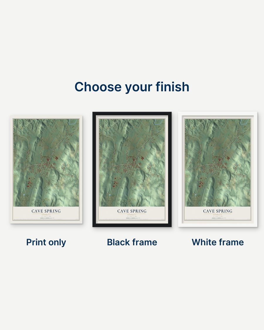The Cave Spring, Georgia map as a print only, in a black frame and in a white frame