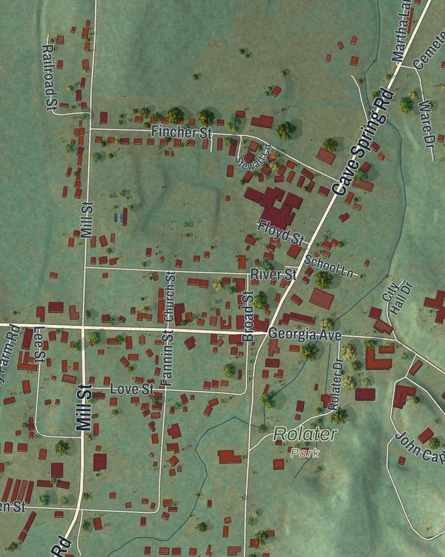Close-up of Cave Spring streets on the map