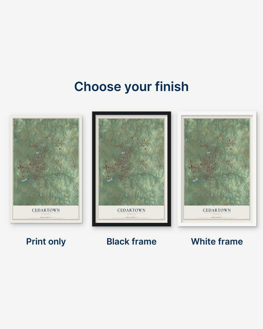 The Cedartown, Georgia map as a print only, in a black frame and in a white frame