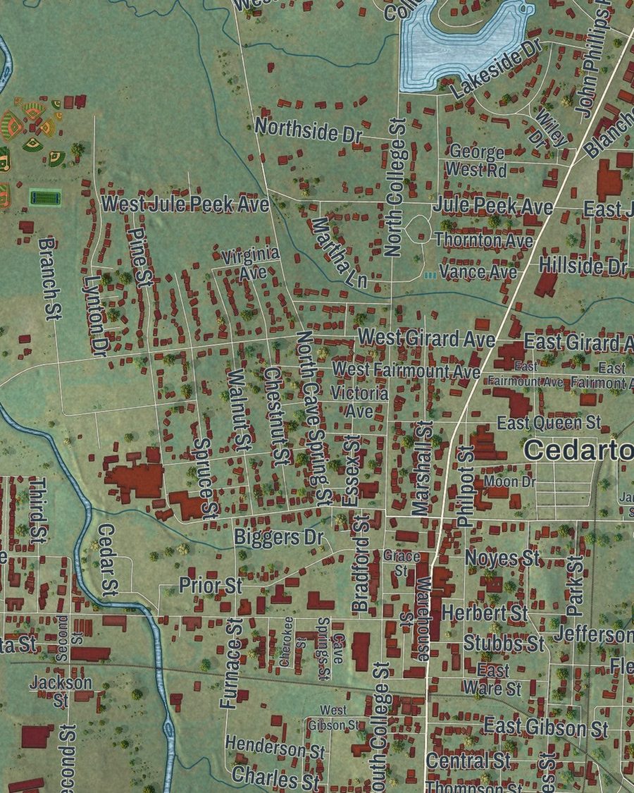 Close-up of Cedartown streets on the map