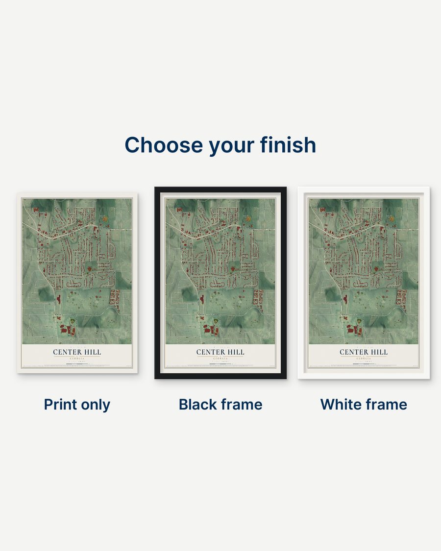 The Center Hill, Georgia map as a print only, in a black frame and in a white frame