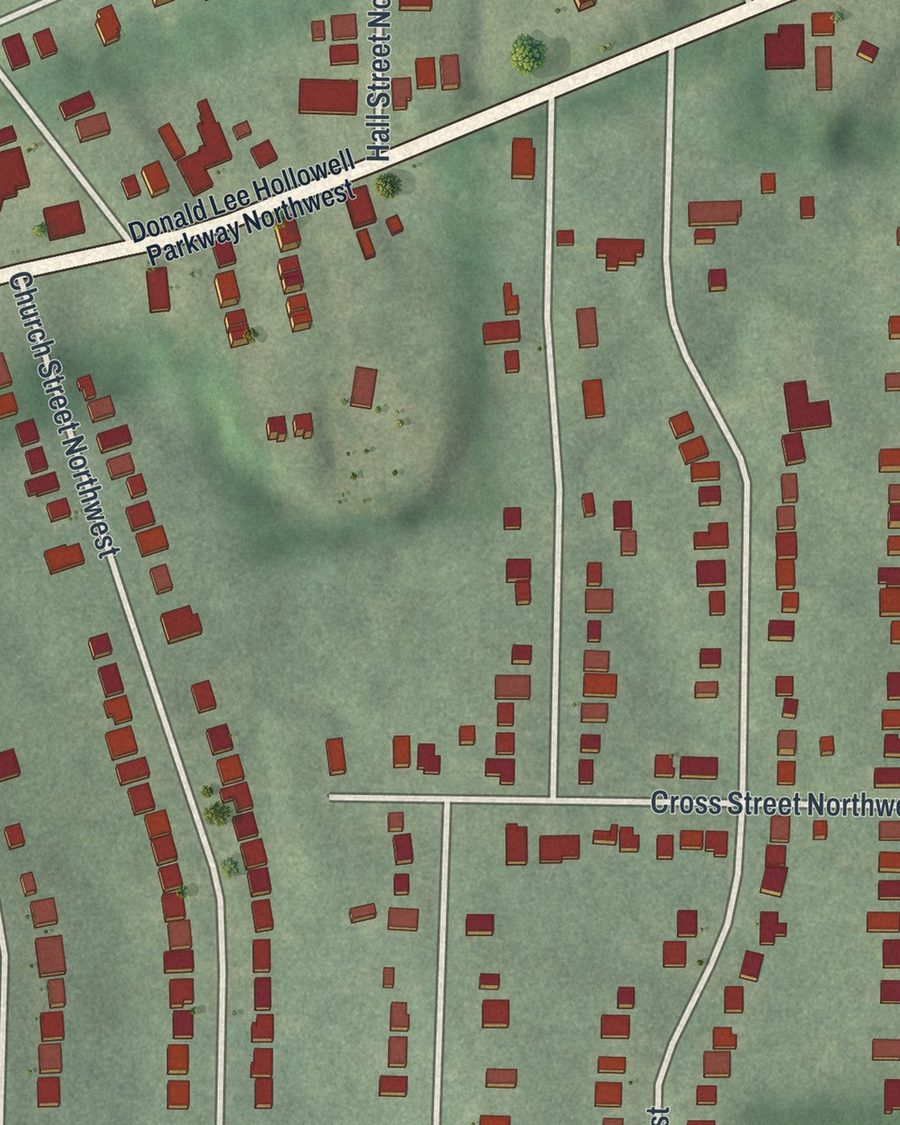 Close-up of Center Hill streets on the map