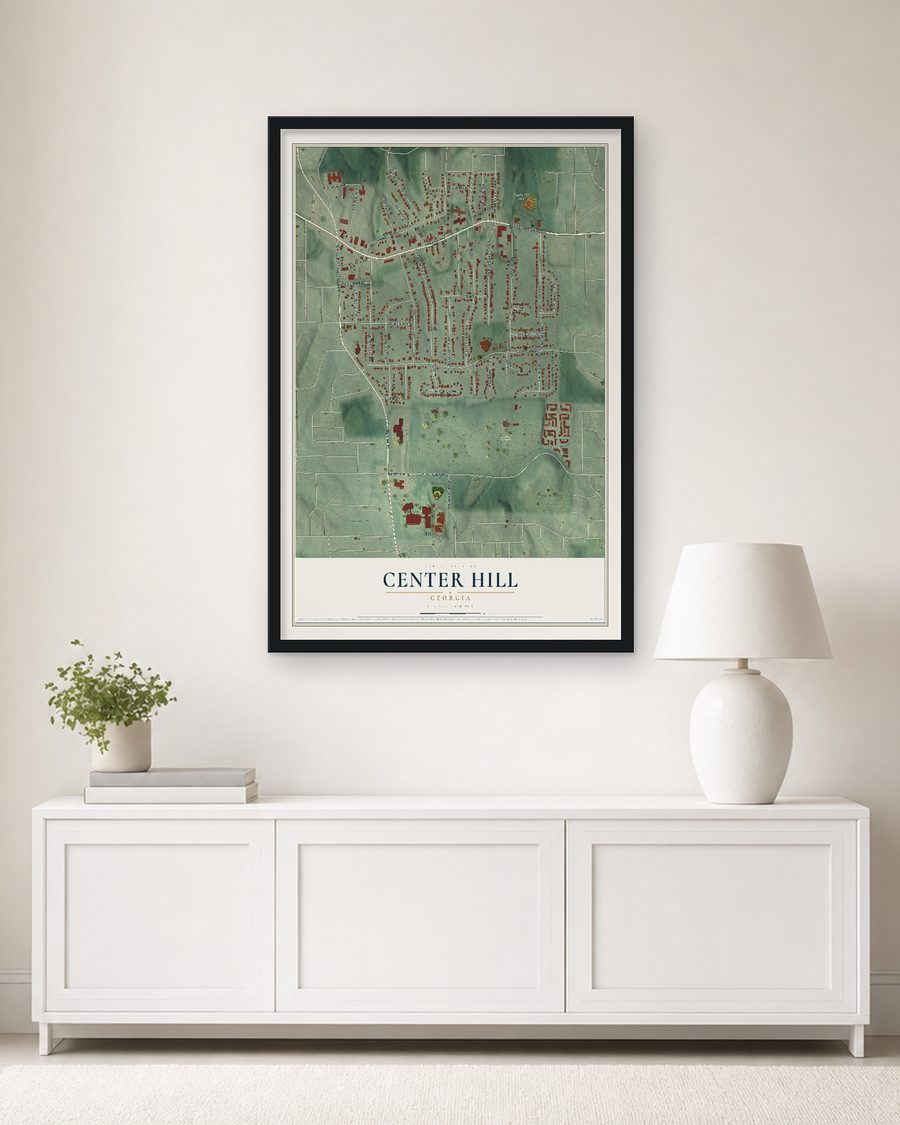 The Center Hill, Georgia map, 24 x 36 in, in a black wood frame on a living room wall