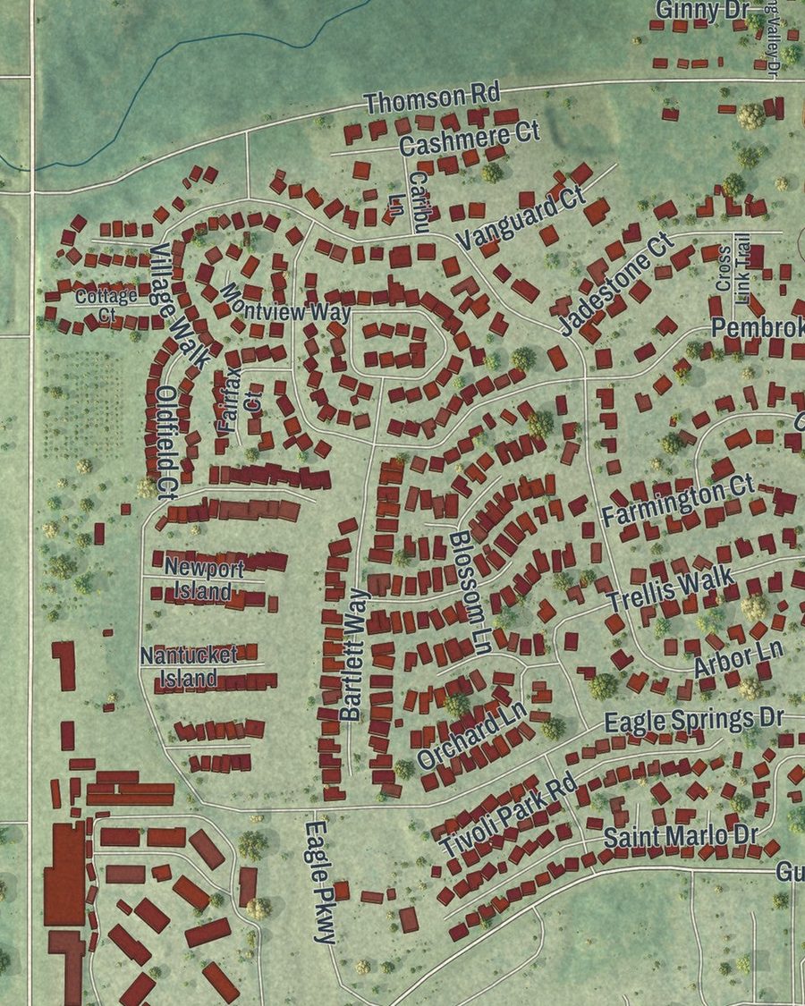 Close-up of Centerville streets on the map