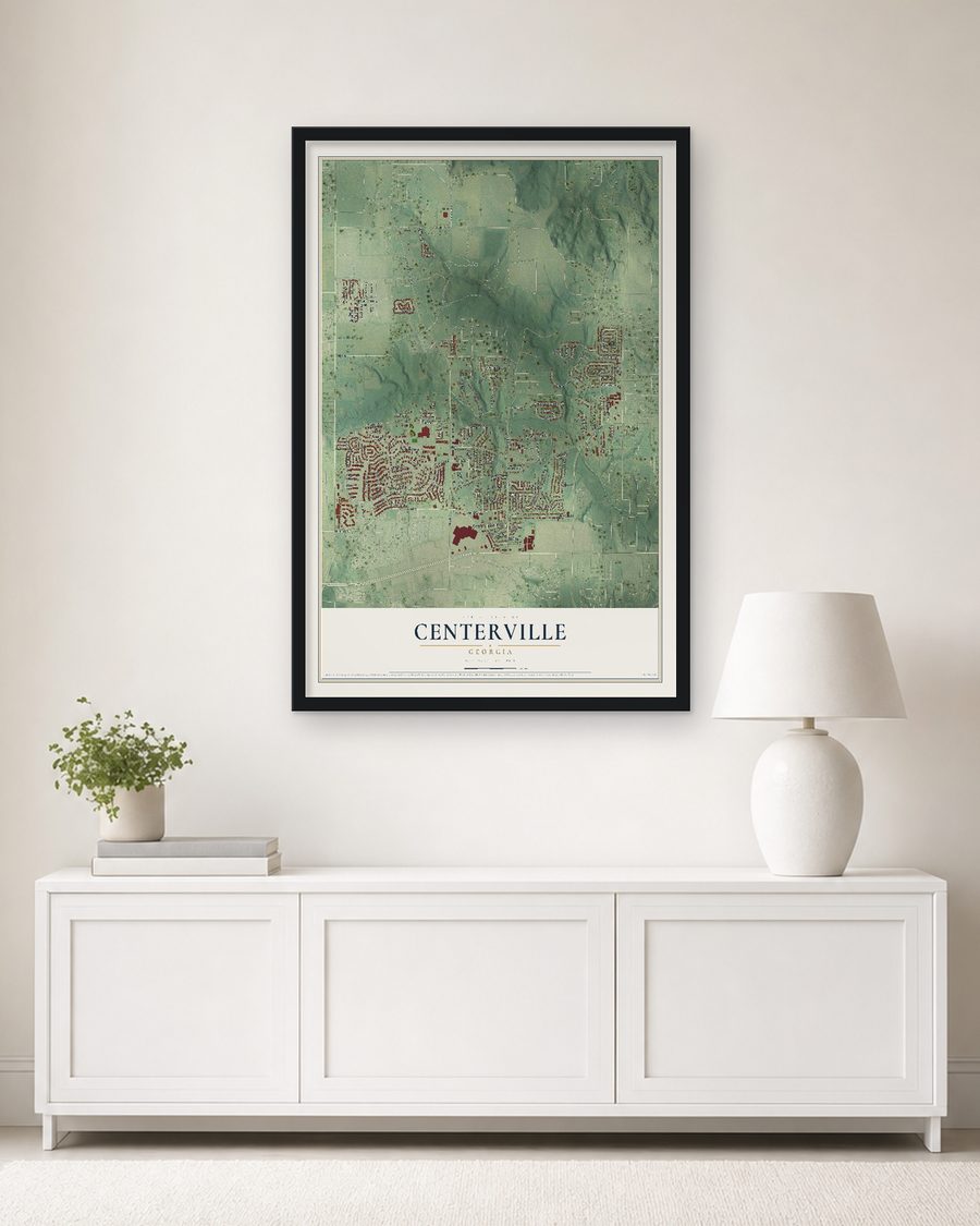 The Centerville, Georgia map, 24 x 36 in, in a black wood frame on a living room wall