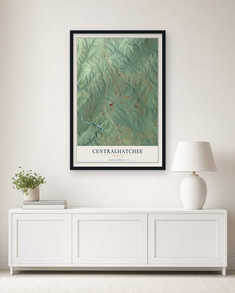 The Centralhatchee, Georgia map, 24 x 36 in, in a black wood frame on a living room wall