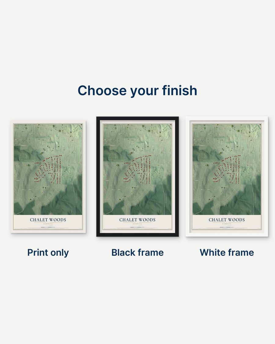 The Chalet Woods, Georgia map as a print only, in a black frame and in a white frame