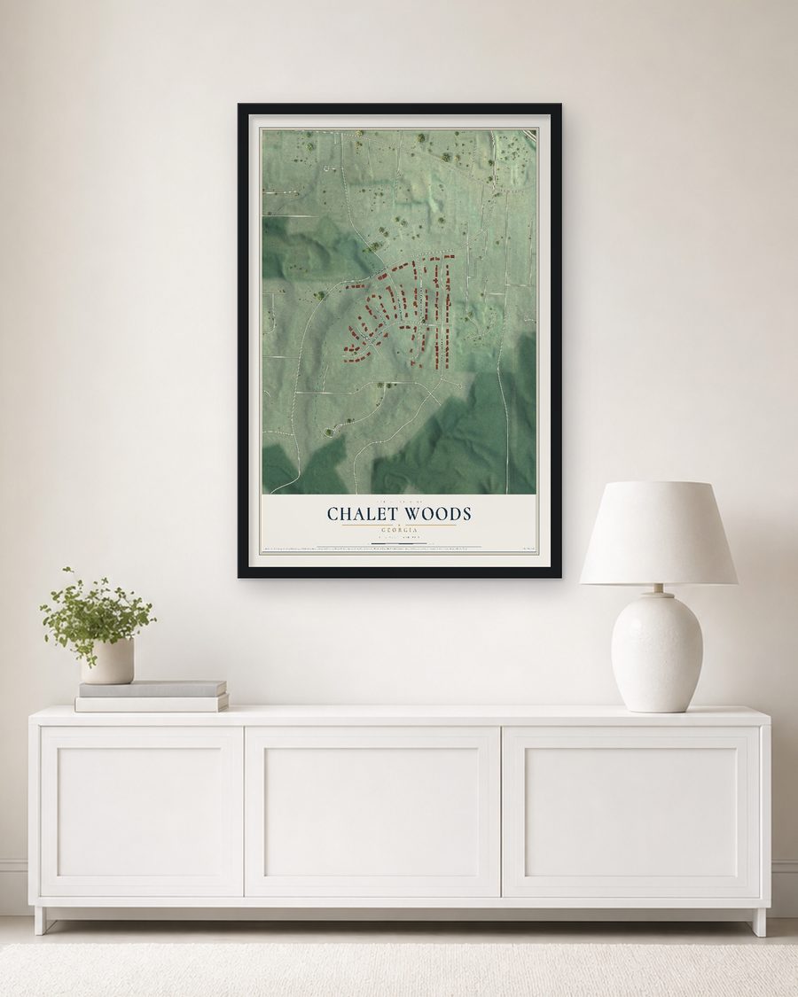 The Chalet Woods, Georgia map, 24 x 36 in, in a black wood frame on a living room wall