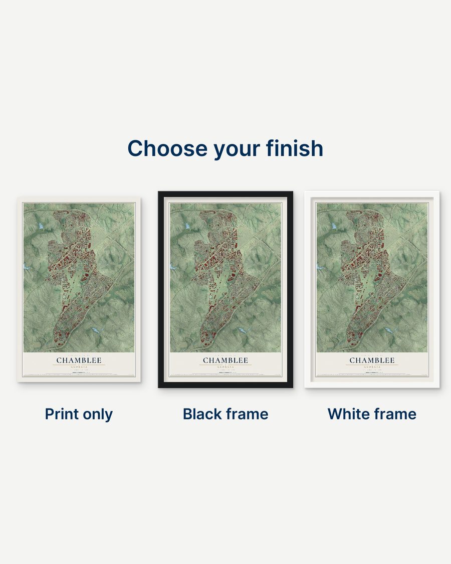 The Chamblee, Georgia map as a print only, in a black frame and in a white frame