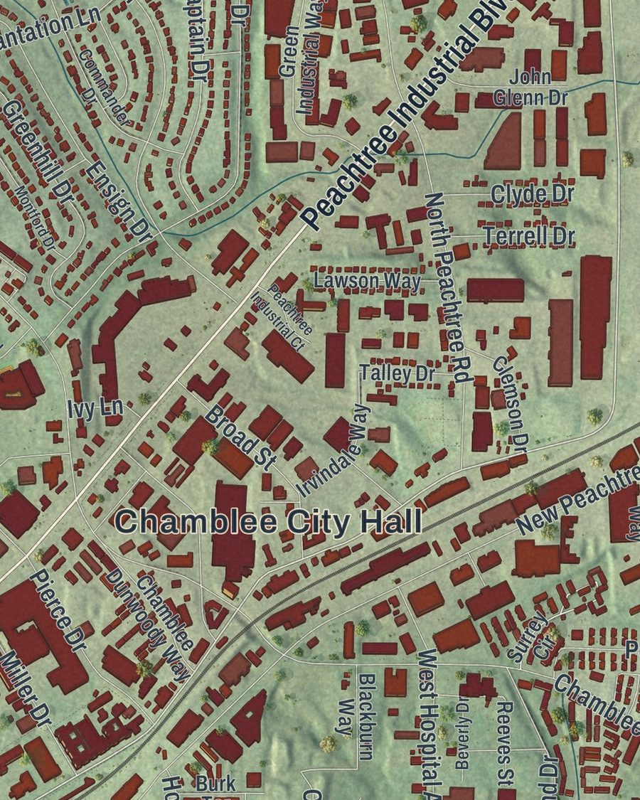 Close-up of Chamblee streets on the map