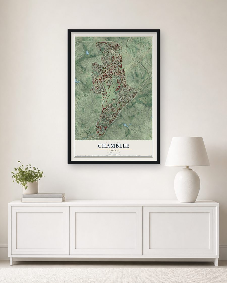 The Chamblee, Georgia map, 24 x 36 in, in a black wood frame on a living room wall