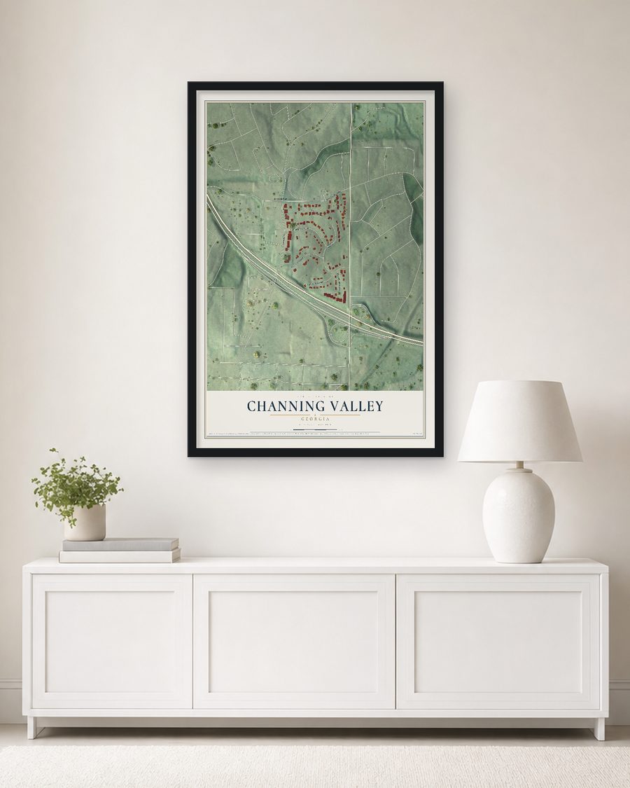The Channing Valley, Georgia map, 24 x 36 in, in a black wood frame on a living room wall