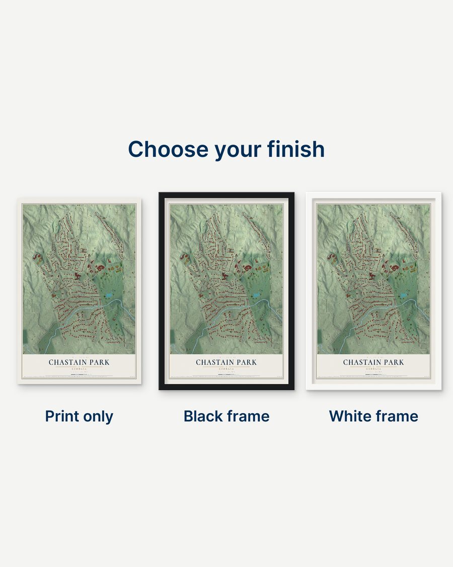The Chastain Park, Georgia map as a print only, in a black frame and in a white frame