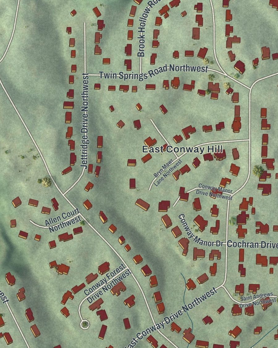Close-up of Chastain Park streets on the map
