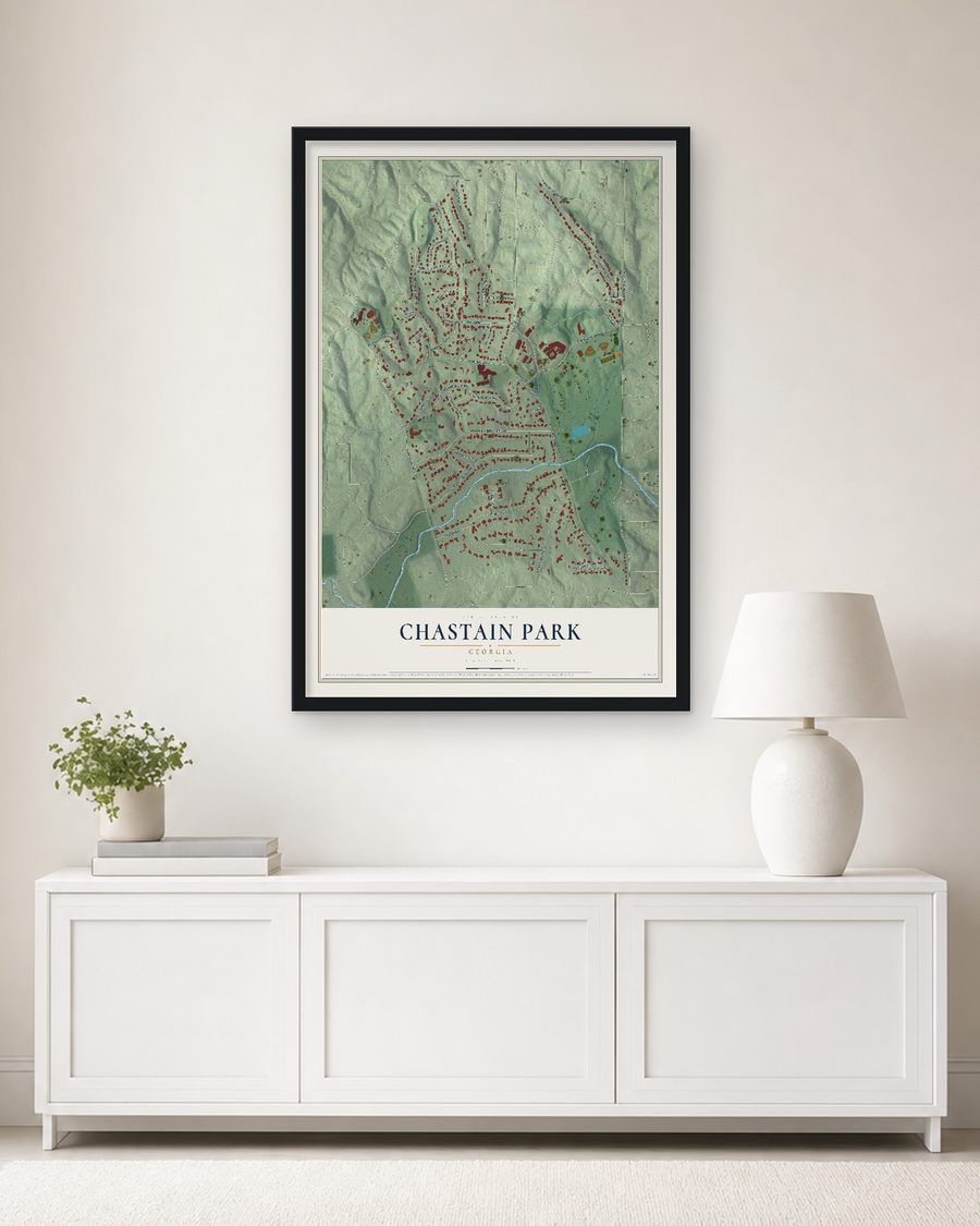 The Chastain Park, Georgia map, 24 x 36 in, in a black wood frame on a living room wall