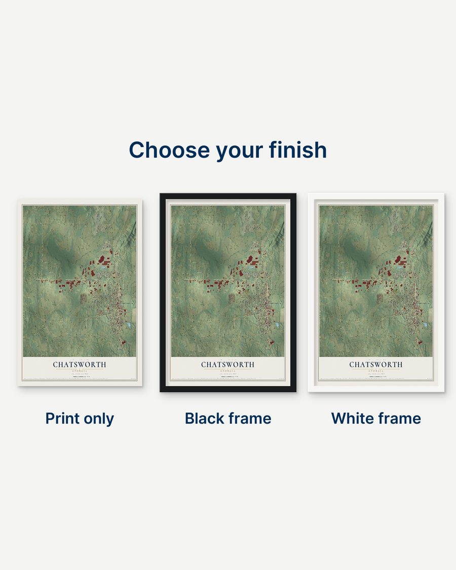 The Chatsworth, Georgia map as a print only, in a black frame and in a white frame