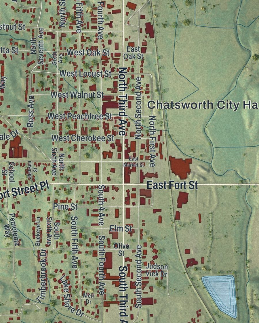 Close-up of Chatsworth streets on the map