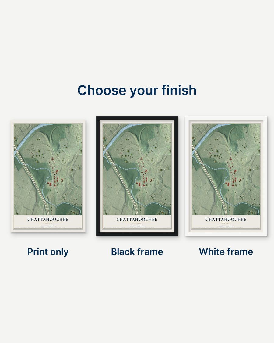 The Chattahoochee, Georgia map as a print only, in a black frame and in a white frame