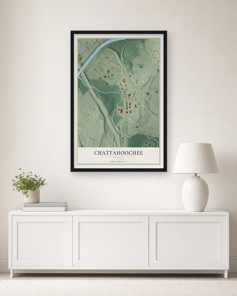 The Chattahoochee, Georgia map, 24 x 36 in, in a black wood frame on a living room wall