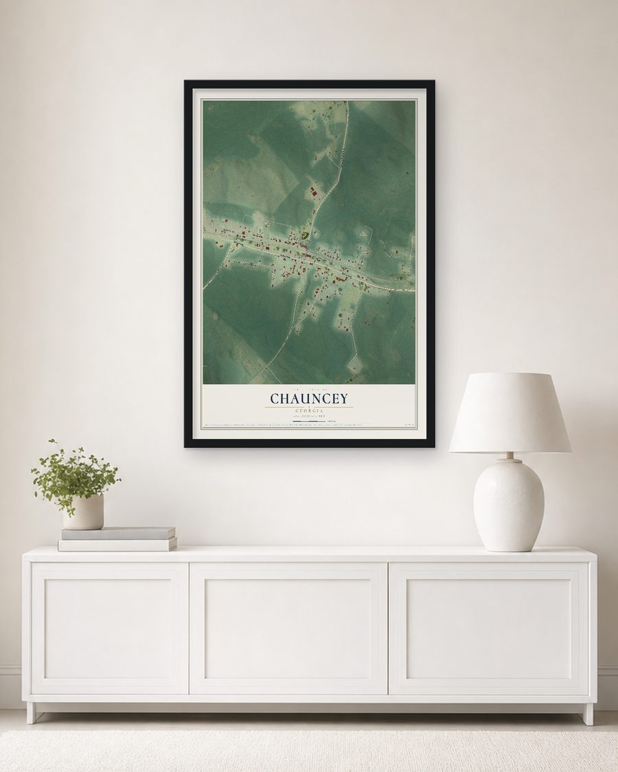 The Chauncey, Georgia map, 24 x 36 in, in a black wood frame on a living room wall