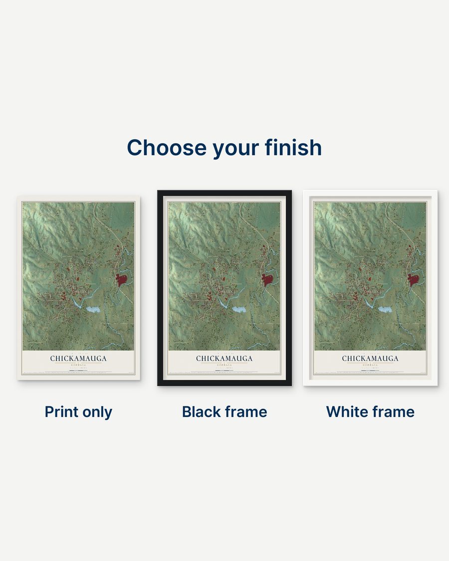 The Chickamauga, Georgia map as a print only, in a black frame and in a white frame