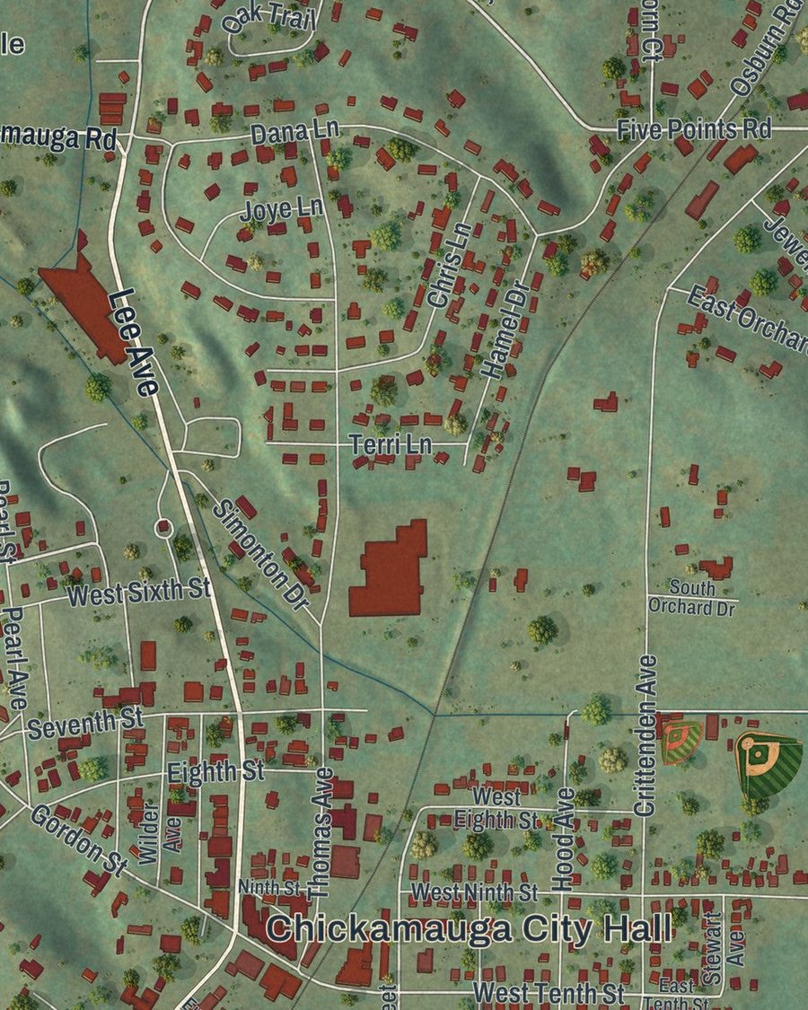 Close-up of Chickamauga streets on the map