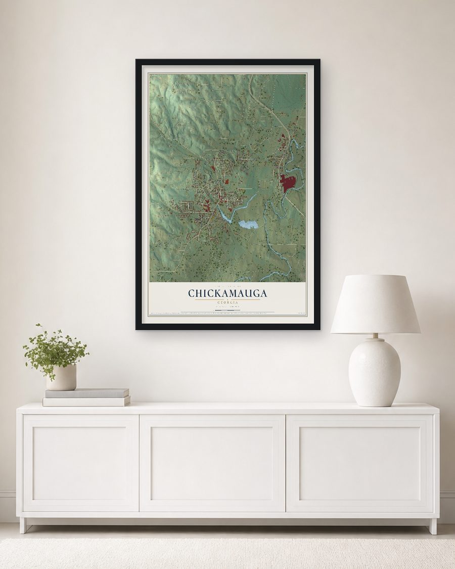 The Chickamauga, Georgia map, 24 x 36 in, in a black wood frame on a living room wall