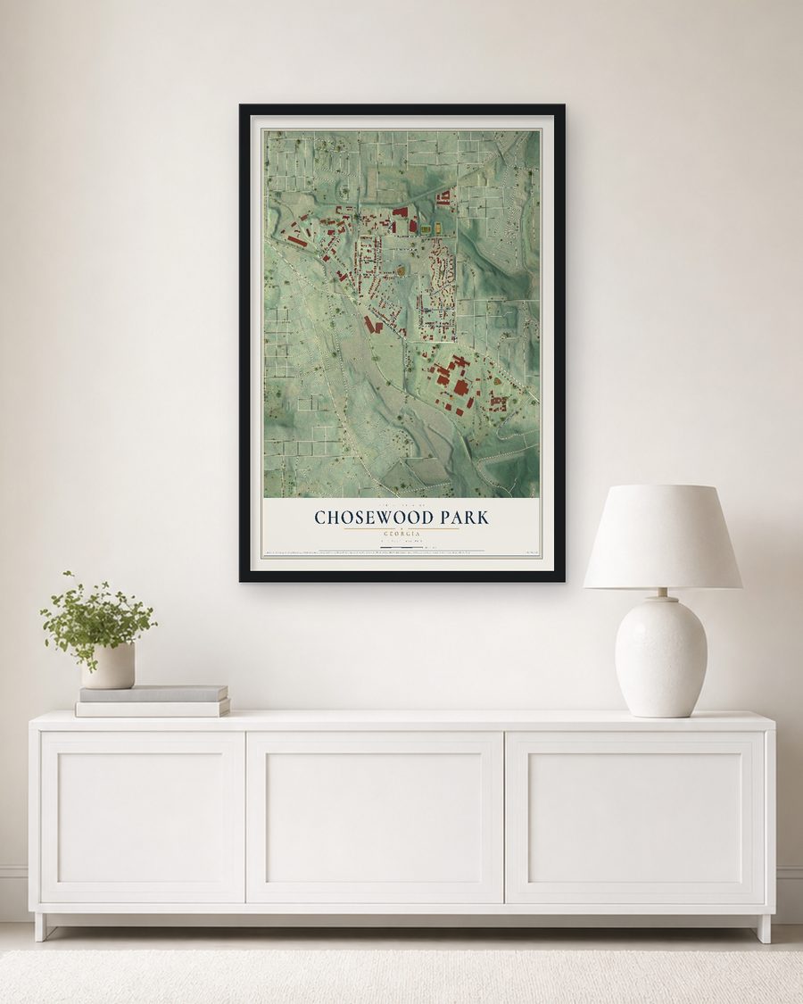 The Chosewood Park, Georgia map, 24 x 36 in, in a black wood frame on a living room wall