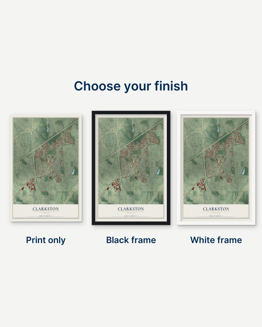 The Clarkston, Georgia map as a print only, in a black frame and in a white frame