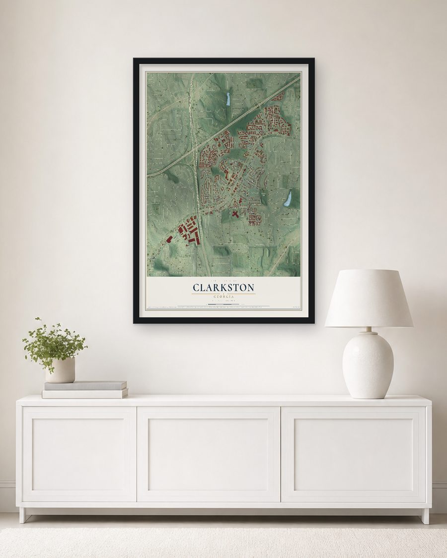 The Clarkston, Georgia map, 24 x 36 in, in a black wood frame on a living room wall