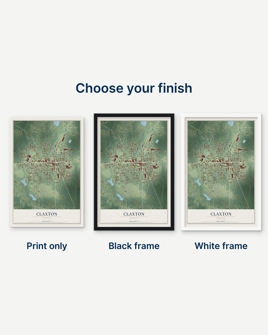 The Claxton, Georgia map as a print only, in a black frame and in a white frame