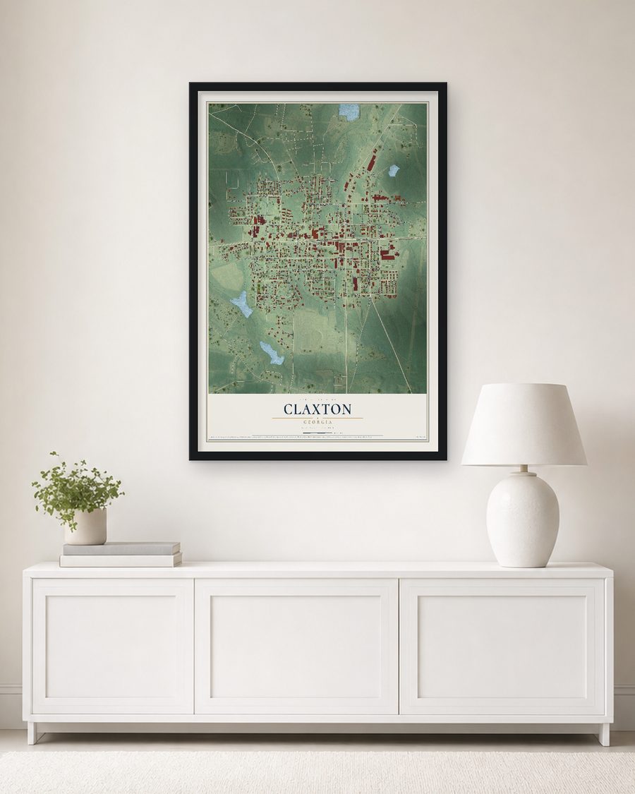 The Claxton, Georgia map, 24 x 36 in, in a black wood frame on a living room wall