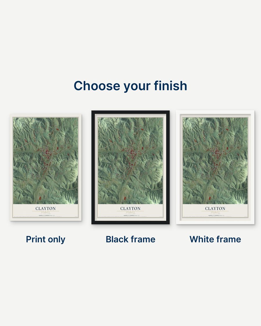 The Clayton, Georgia map as a print only, in a black frame and in a white frame