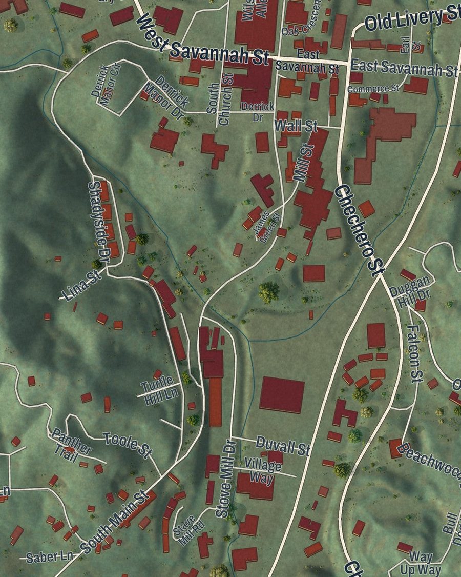 Close-up of Clayton streets on the map