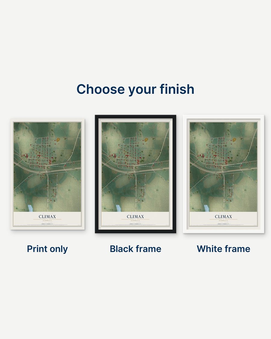 The Climax, Georgia map as a print only, in a black frame and in a white frame
