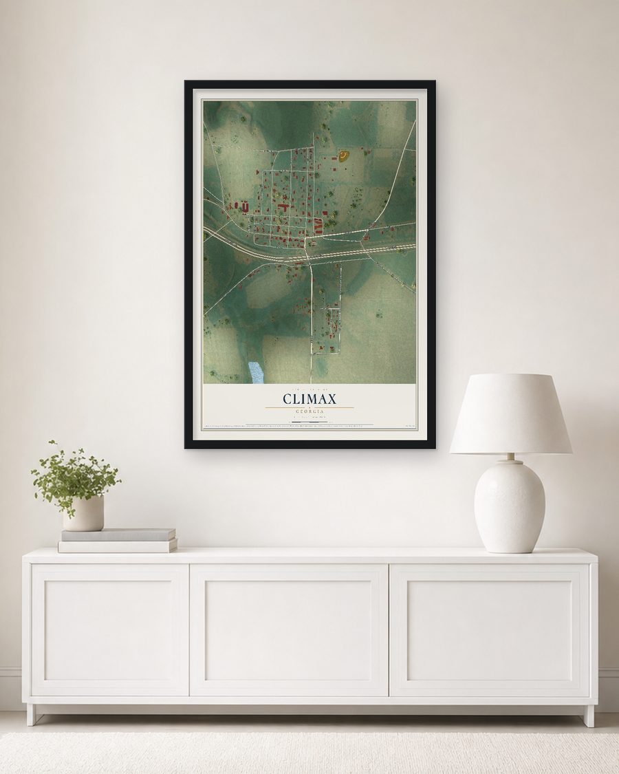 The Climax, Georgia map, 24 x 36 in, in a black wood frame on a living room wall