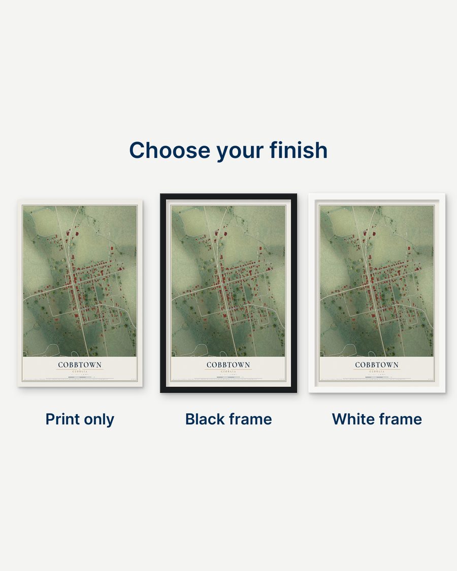 The Cobbtown, Georgia map as a print only, in a black frame and in a white frame